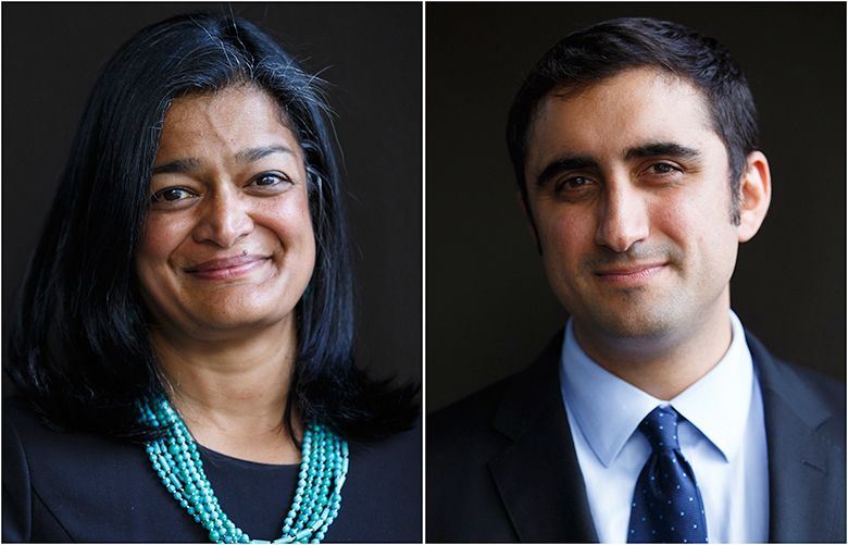 Left: Pramila Jayapal, one of the candidates for Washington’s 7th Congressional District seat, is photographed after taking part in in a forum hosted by the Rotary Club of Seattle Northeast Thursday, Sept. 8, 2016. Right: Brady Walkinshaw, one of the candidates for Washington’s 7th Congressional District seat, is photographed after taking part in in a forum hosted by the Rotary Club of Seattle Northeast Thursday, Sept. 8, 2016.