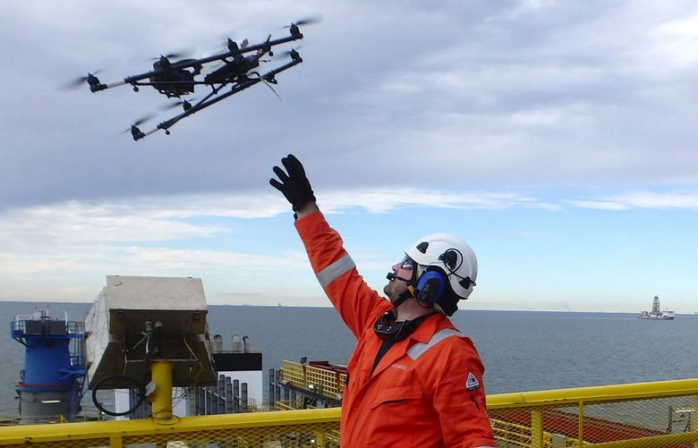 An undated handout photo from Sky-Futures of a drone launch for an off-shore inspection in the Gulf of Mexico in 2011. The oils and gas industry is using rig-inspecting drones and autonomous vehicles are also being tested as the sector tries to catch up with other areas of the economy that have more readily embraced technological advances. (Sky-Futures via The New York Times) — NO SALES; FOR EDITORIAL USE ONLY WITH STORY SLUGGED ENERGY TECH  BY SCOTT FOR NOV. 7, 2016. ALL OTHER USE PROHIBITED.