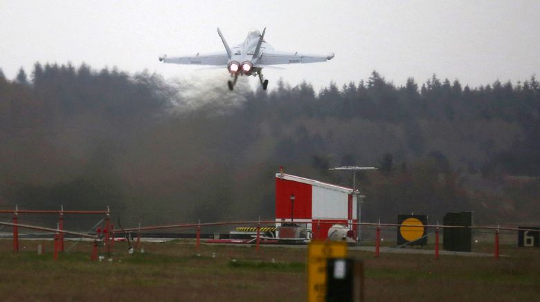 An EA-18G Growler takes off from Naval Air Station Whidbey Island during an exercise, Thurs., March 10, 2016. Some Lopez Island residents are among those in the area upset with noise levels, which appear more bothersome from the past Prowler jets used by the Navy.