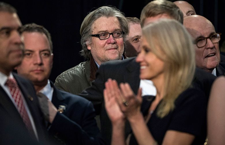 FILE — Stephen Bannon, the Trump campaign chief executive, claps as Donald Trump spoke at his final campaign event, in Grand Rapids, Mich., in the early morning hours of Election Day, Nov. 8, 2016. On Bannon’s Breitbart News Network and other right-wing news websites, the mood was electric on Election Day. (Damon Winter/The New York Times)