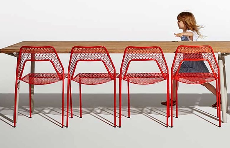 Blu Dot Hot Mesh Chairs, $129 each, and Branch Table, starting at $1,399, at bludot.com