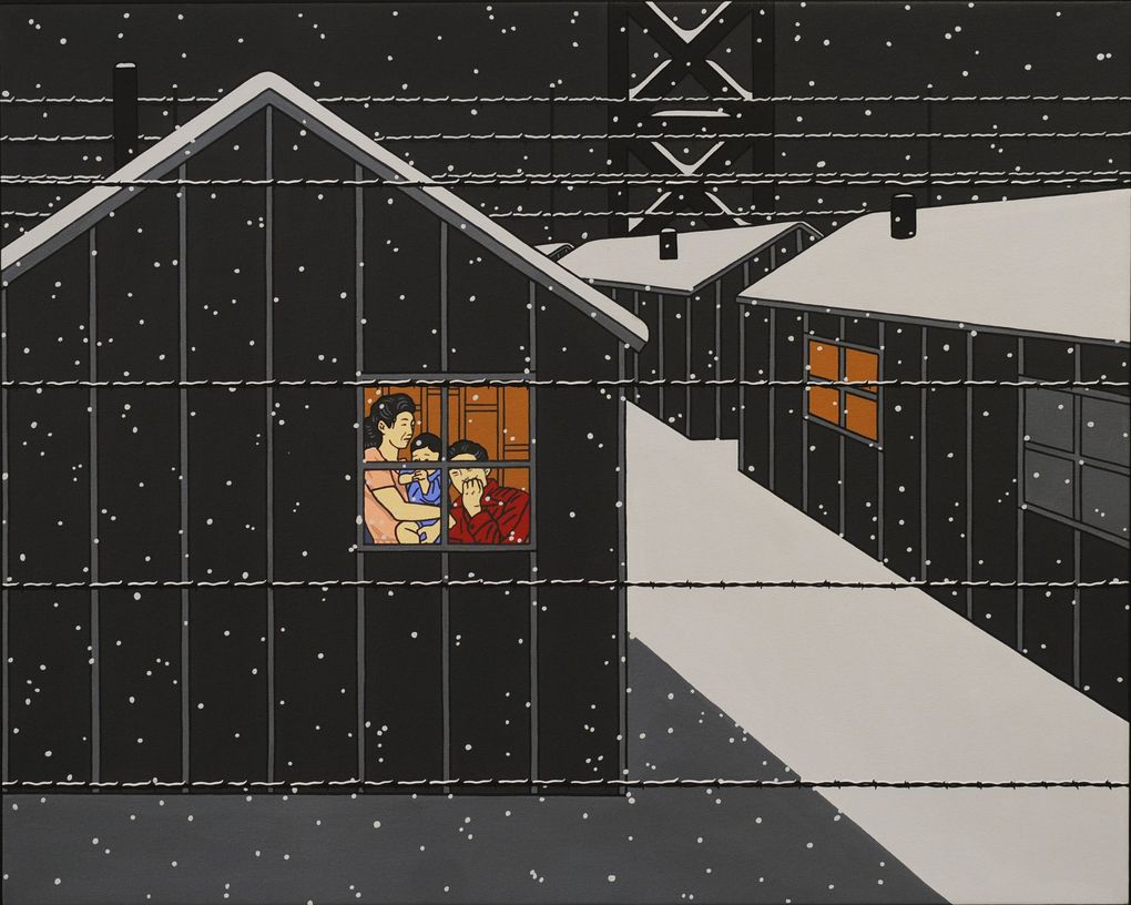 “Night Watch #7″, 2011, 36″ x 45”, Acrylic. Depicts Japanese-American experience at incarceration camps during WWII. (Roger Shimomura)