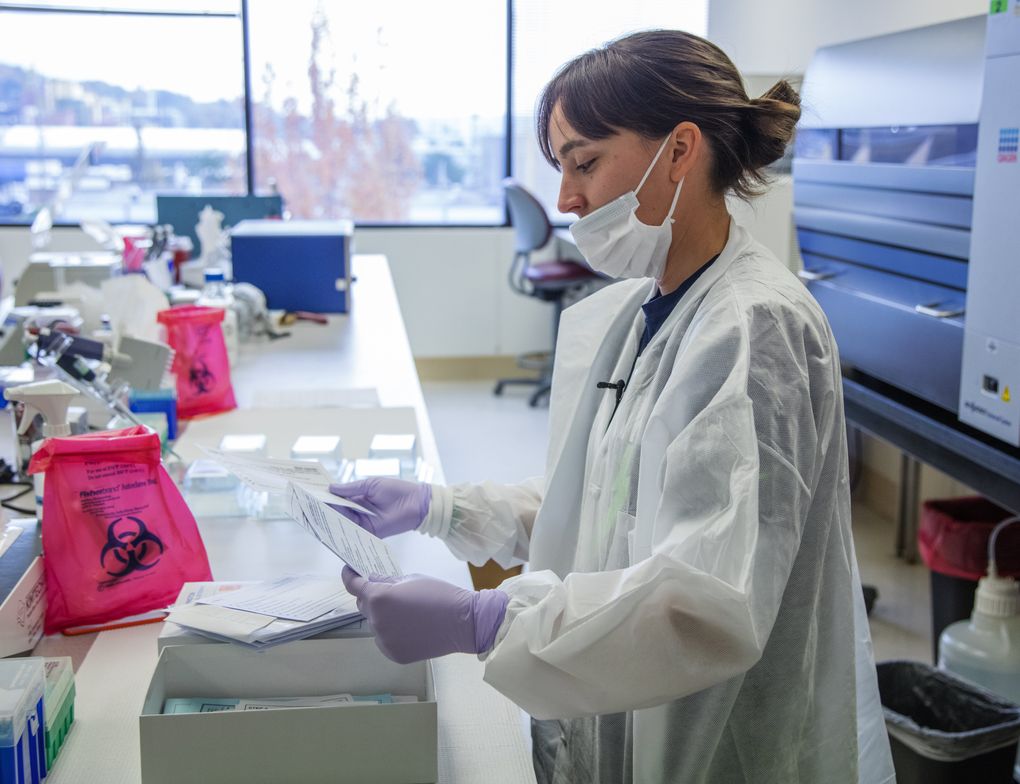 April Hugie, a forensic scientist, unpacks components from a sexual-assault evidence kit at the State Patrol’s crime lab in Seattle. (Steve Ringman/The Seattle Times)