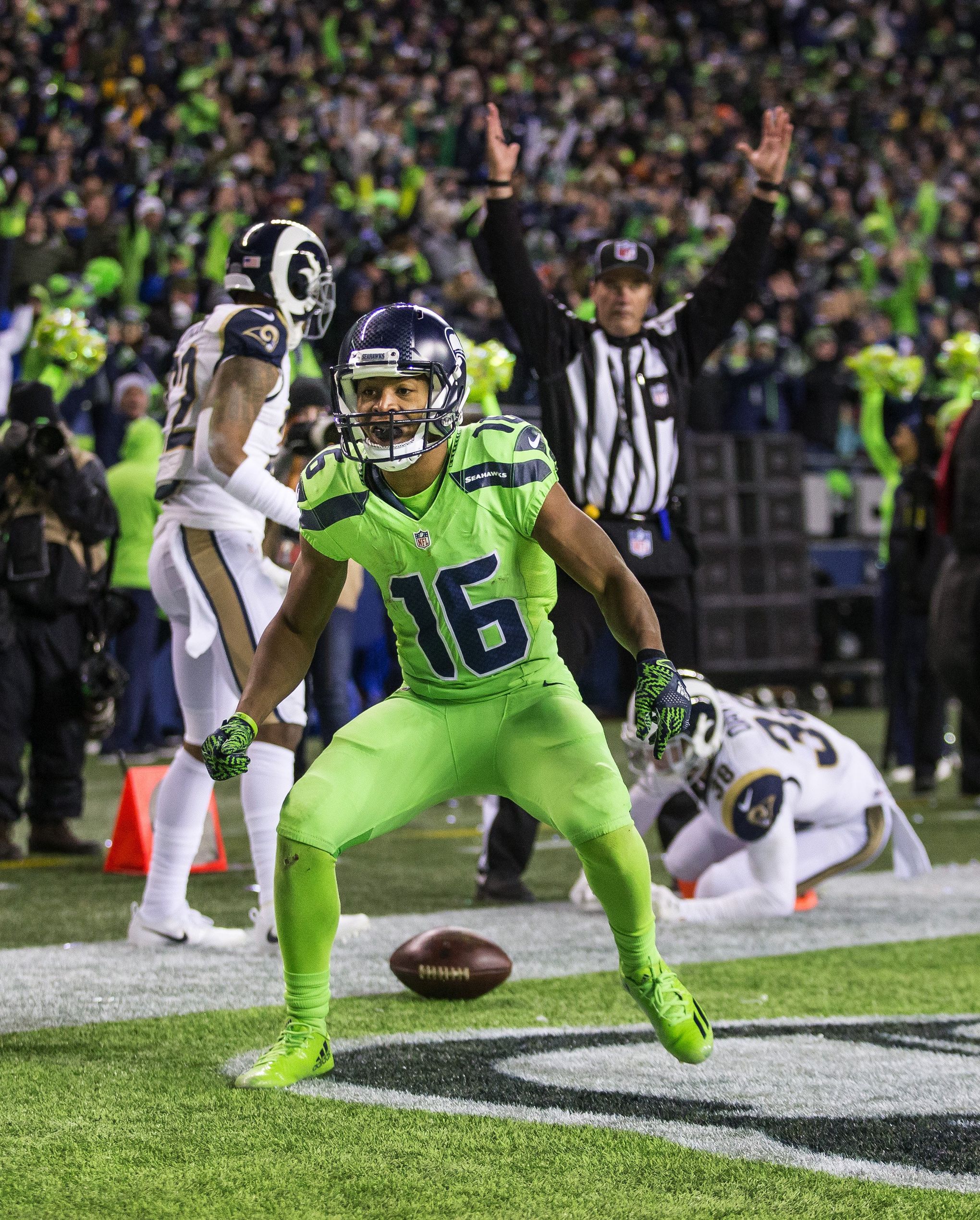 Seattle Seahawks - Tyler Lockett dances after a touchdown.