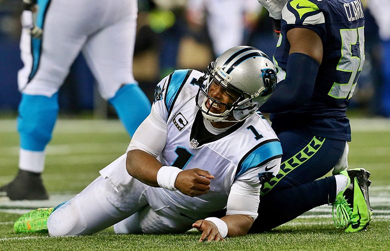 Panther quarterback Cam Newton grimaces after taking a hard hit on an incomplete pass in the third quarter.


The Seattle Seahawks faced off against the Carolina Panthers on Sunday, December 4, 2016, at CenturyLink Field in Seattle.