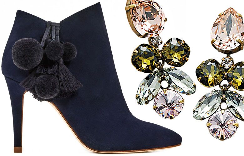 Zara Leather High Heel Ankle Boots with Pompoms, $139; Sorrelli Tersana Crystal Drop Earrings, $118 