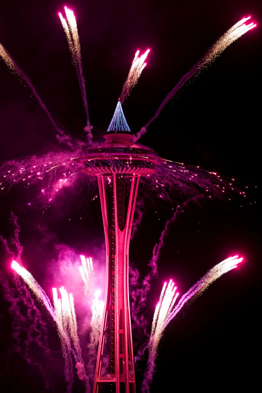 The first minutes of 2017 are celebrated with fireworks shot off of and around the Space Needle, as seen from the roof of Mbar restaurant on Sunday, January 1, 2017. (Logan Reily / The Seattle Times)