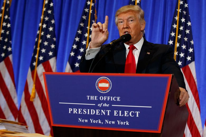 President-elect Donald Trump speaks during a news conference in the lobby of Trump Tower in New York, Wednesday, Jan. 11, 2017.  (AP Photo/Evan Vucci)