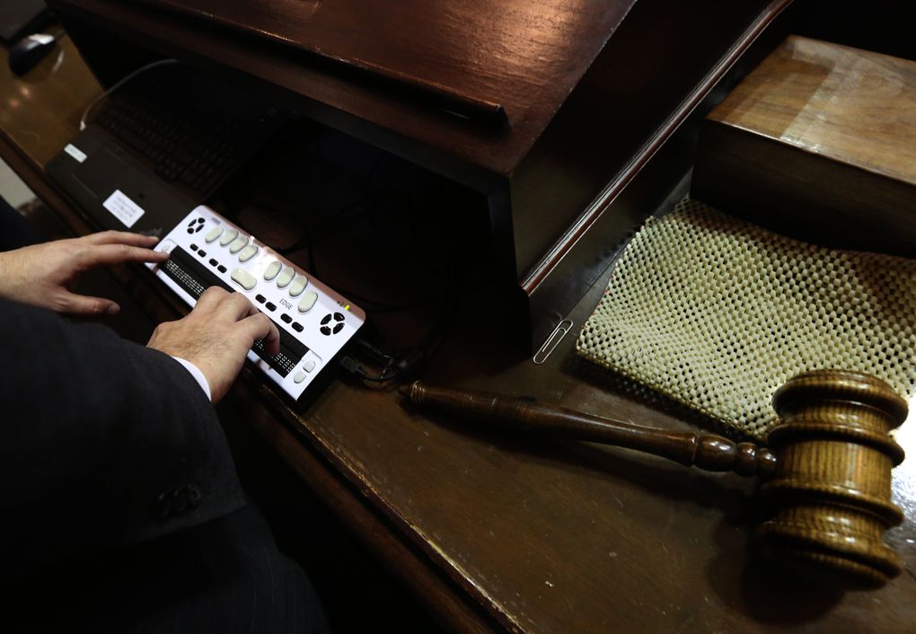 Lt. Gov. Cyrus Habib’s Braille keypad alerts him to senators who want to speak. (Alan Berner/The Seattle Times)