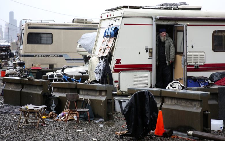 Robert “Robz” Archibald lives in Seattle’s only remaining city lot for people who live in motor homes.  (Ken Lambert/The Seattle Times)