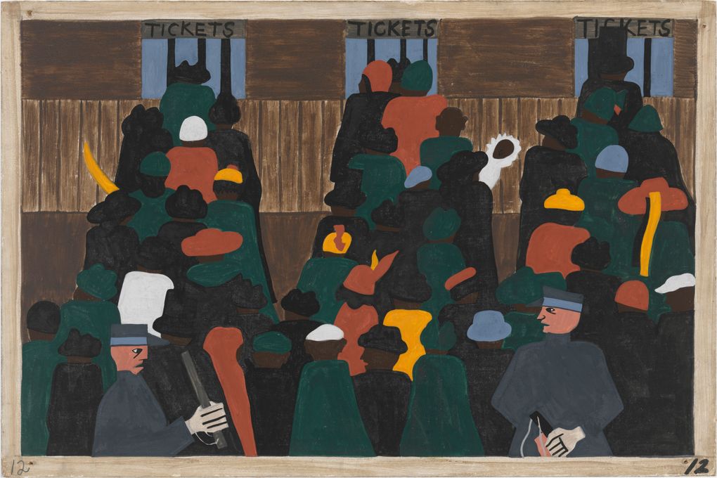 This panel from Jacob Lawrence’s “Migration Series” shows a railroad station packed with people waiting for tickets to travel to the North. Millions of African Americans migrated to cities from the rural South, starting around World War I. (John Wronn)