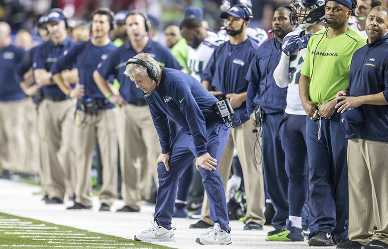 Seahawks head coach Pete Carroll reacts on the sideline after the Falcons’ middle linebacker Deion Jones intercepted a pass intended for Seahawks tight end Luke Willson in the final minutes and Atlanta defeated Seattle 36-20 for the NFC Divisional Playoffs, ending the Seahawks’ season, at the Georgia Dome in Atlanta for an NFC playoff game Saturday January 14, 2017.