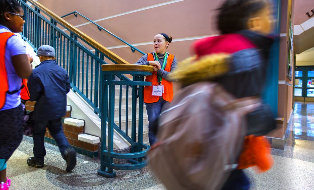Ten-year-old Brooke Bouton’s role as a hall monitor at Manitou Park Elementary is a job that gets her to school early each morning, resulting in an excellent attendance record. (Mike Siegel/The Seattle Times)