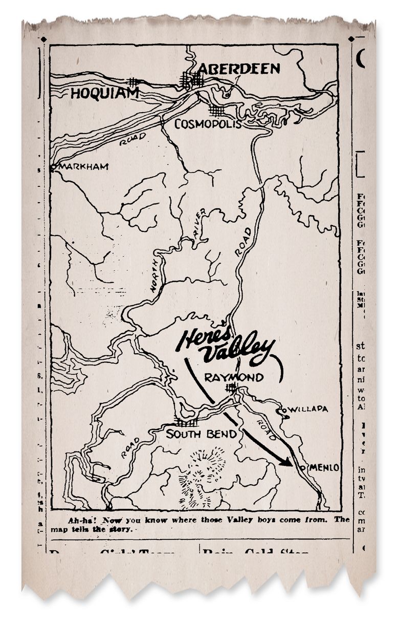 A map ran in the March 15, 1936, Seattle Times showing where the Valley High basketball team was from.
