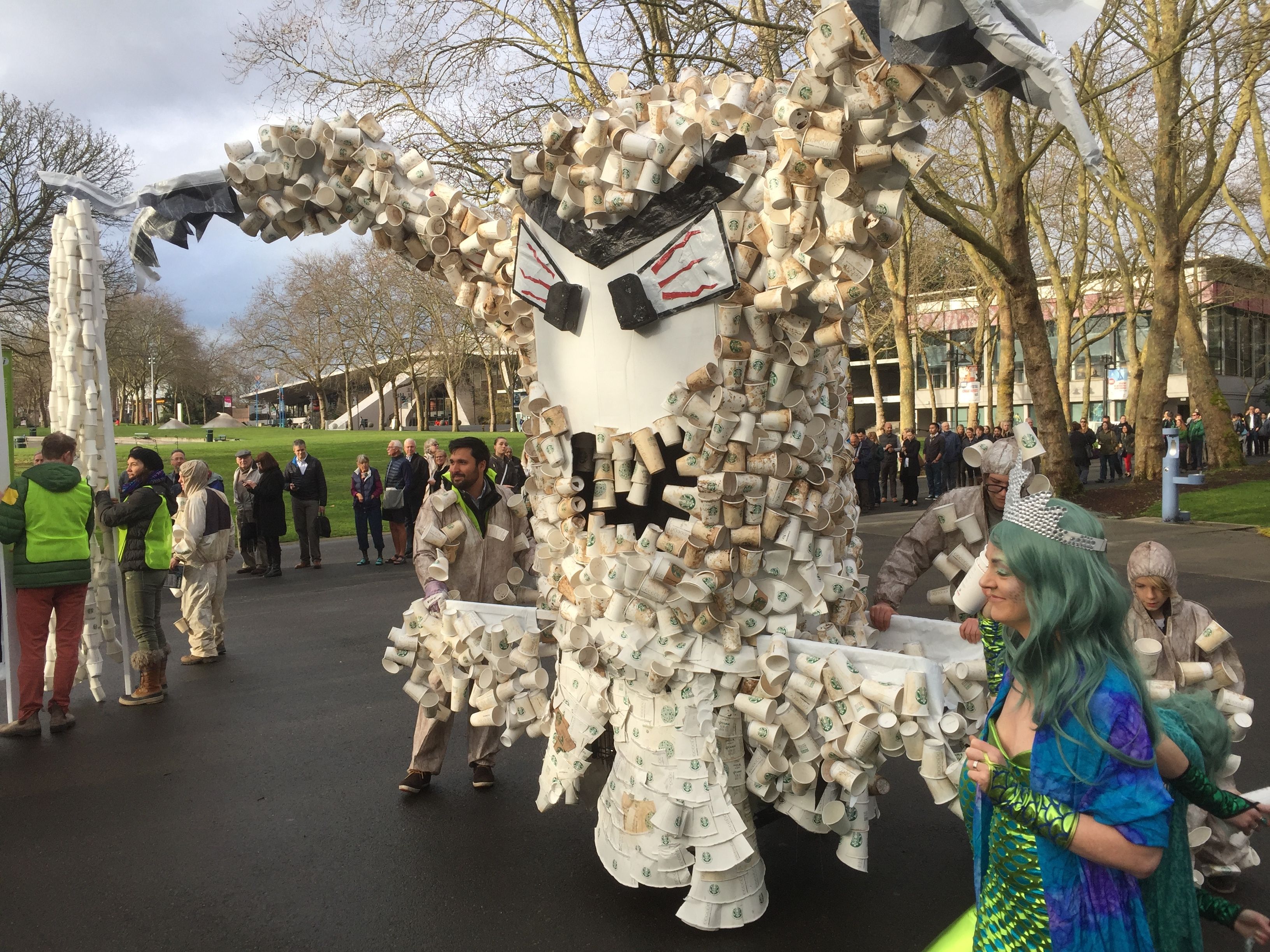 Starbucks stockholders greeted by cup 'monster' in recycling