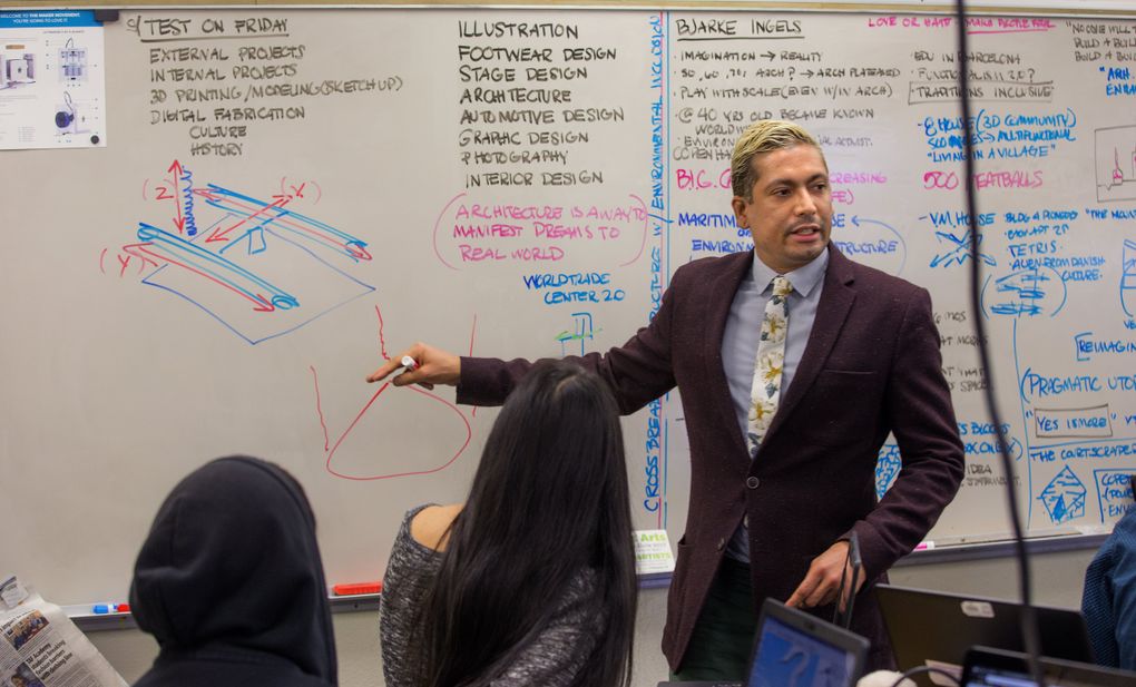 Gabriel Diaz teaches design and engineering at Technology Access Foundation Academy (TAF) in Kent. (Mike Siegel/The Seattle Times)