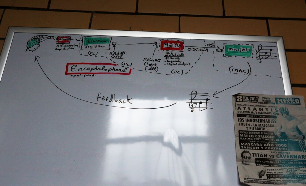 On a whiteboard, neurologist and musician Thomas Deuel has mapped out brain waves traveling from an electrode cap to an amplifier to make music controlled by thinking, called an encephalophone. (Alan Berner/The Seattle Times)