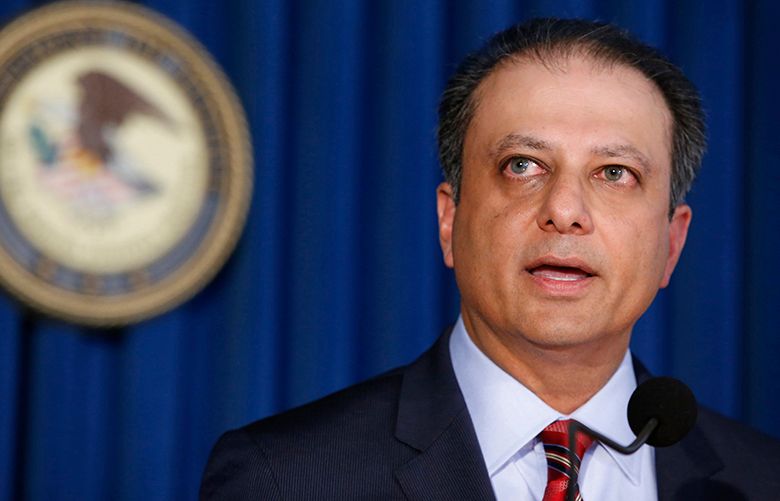 FILE- In this Sept. 17, 2015 file photo, U.S. Attorney Preet Bharara speaks during a news conference in New York.  On Wednesday, March 8, 2017, two days before Attorney General Jeff Sessions gave dozens of the country’s top federal prosecutors just hours to resign and clean out their desks, Sessions gave those political appointees a pep talk during a conference call. Bharara said on Saturday, March 11, 2017, that he was fired after refusing to resign. (AP Photo/Kathy Willens)