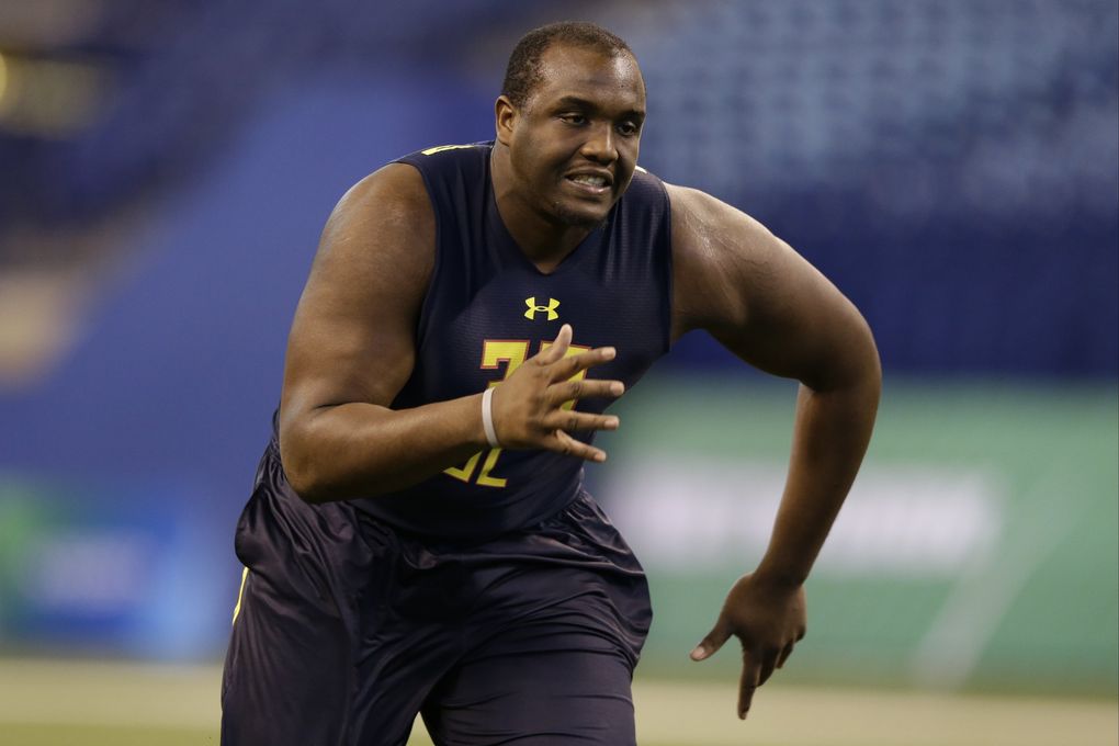 Mississippi State offensive lineman Justin Senior runs a drill at the NFL football scouting combine in Indianapolis, Friday, March 3, 2017. (AP Photo/Michael Conroy)