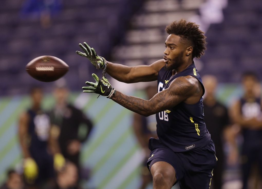 Colorado defensive back Tedric Thompson runs a drill at the NFL football scouting combine Monday, March 6, 2017, in Indianapolis. (AP Photo/David J. Phillip)