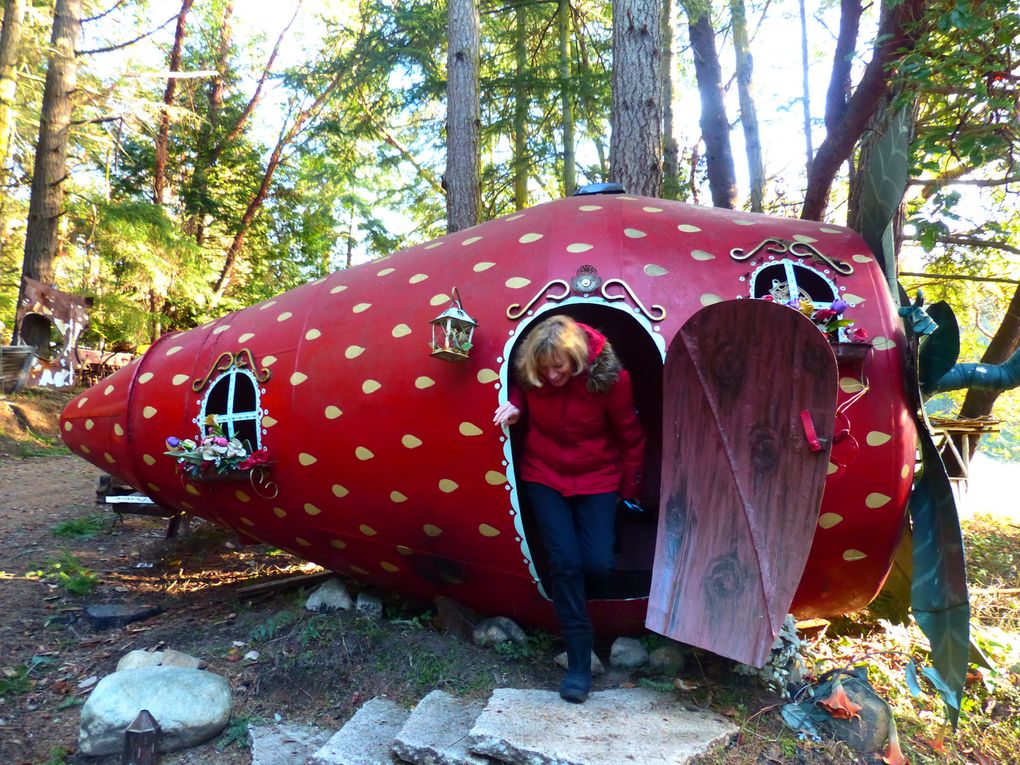 A visitor climbs out of a giant metal strawberry, one of local metal artist Kevin Roth’s sculptures situated along Westside Road on San Juan Island. Roth unveils a new sculpture every year at the San Juan County Fair. (Brian J. Cantwell / The Seattle Times)
