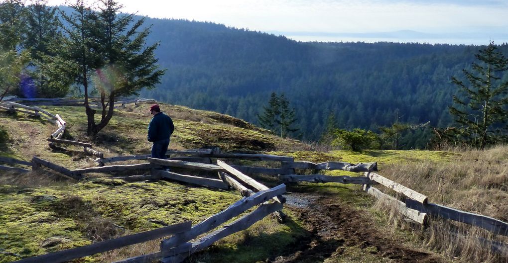 With a view of mist over Haro Strait in the distance, a visitor wanders a path atop the new Mount Grant Preserve, on San Juan Island. (Brian J. Cantwell / The Seattle Times)