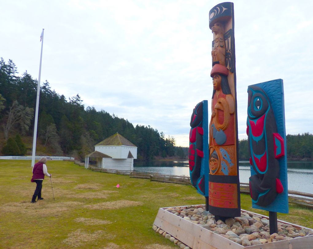 The Lummi and Saanich tribes erected a new totem pole and two salmon storyboards near the site of an historic Coast Salish village at English Camp, in San Juan Island National Historical Park, to mark the 100th anniversary of the National Park Service, in August 2016. (Brian J. Cantwell / The Seattle Times)