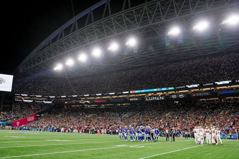 Fans fill Lumen Field for a Thursday night football game against the San Francisco 49ers during the fourth quarter Thursday, Oct. 10, 2024 in Seattle.