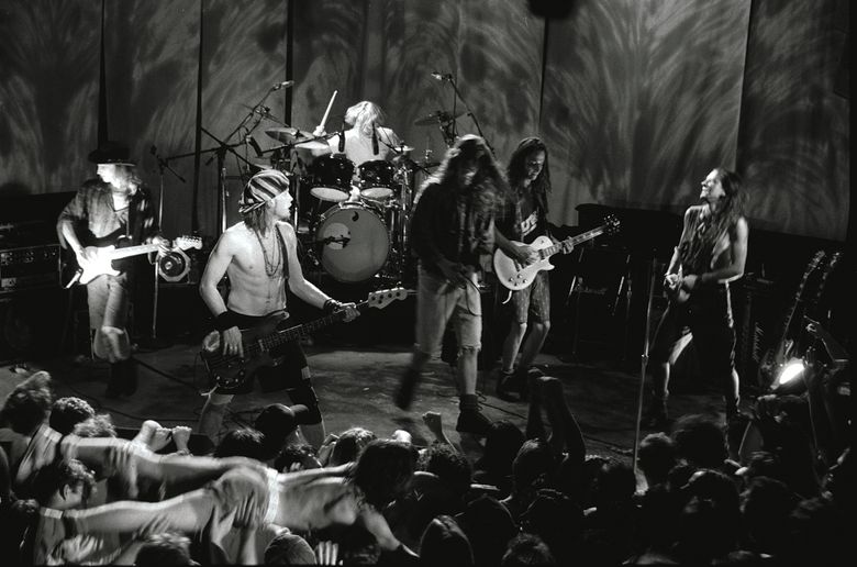 At the end of this memorable show at RKCNDY on Aug. 3, 1991, Pearl Jam was joined by Soundgarden’s Chris Cornell, center, and drummer Matt Cameron, for a short Temple of the Dog set. Earlier in the show, the Pearl Jam song “Alive” was filmed for a video. (Lance Mercer / 1991)