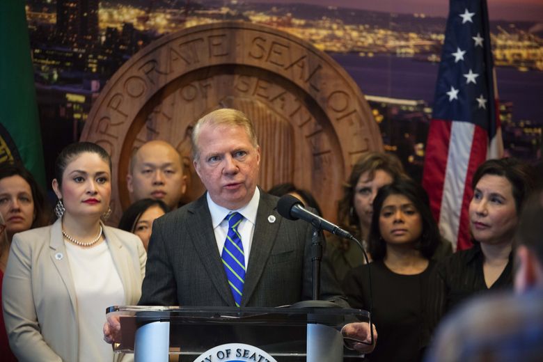 Seattle Mayor Ed Murray on March 29 announces that the city is suing the federal government over President Donald Trump’s executive order on sanctuary cities.  (Steve Ringman/The Seattle Times)