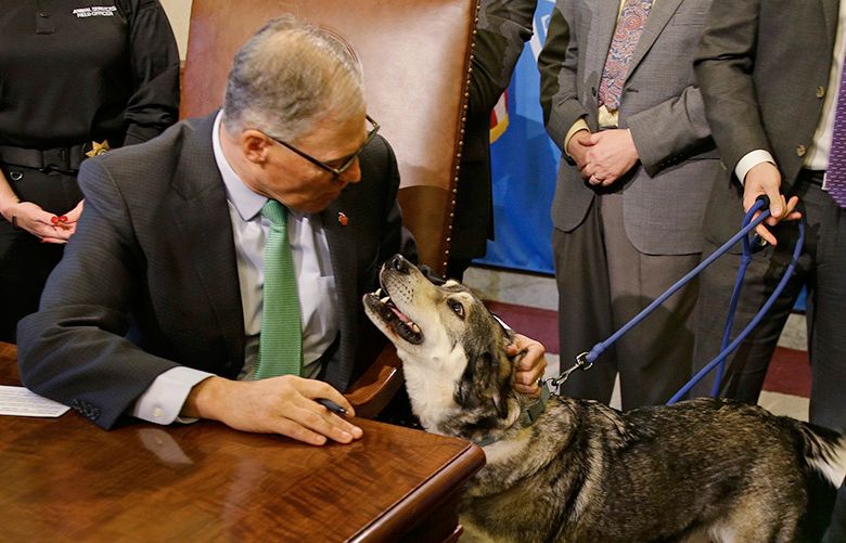 Washington Gov. Jay Inslee, left, is greeted by Alfredo, a mixed-breed dog as Sen. Joe Fain, R-Auburn, right, looks on and pets Coco, another dog brought in for a bill signing ceremony, Wednesday, April 19, 2017, at the Capitol in Olympia, Wash. Inslee signed a measure sponsored by Fain that brings new penalties for dog owners who tie up or “tether” their dogs in an inhumane way. (AP Photo/Ted S. Warren)