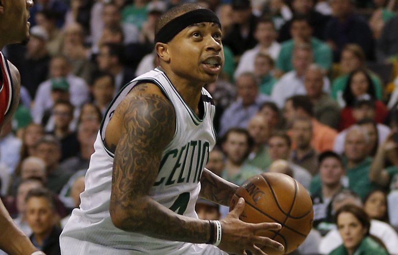 Boston Celtics guard Isaiah Thomas (4) stands on the court in the first  half of game 6 of the Eastern Conference semifinal NBA basketball playoff  series against the Washington Wizards, Friday, May