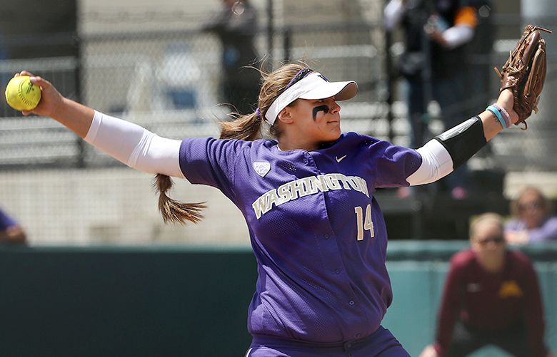 Washington Huskies starting pitcher Taran Alvelo delivers to the plate during the first inning of her team’s matchup against the Minnesota Golden Gophers in the NCAA regional softball tournament on Sunday, May 22, 2016, at the University of Washington. The Huskies won 15-7.