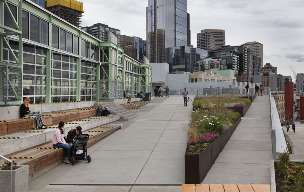 Pike Place Market’s MarketFront ramps will eventually lead to the waterfront after the Alaskan Way Viaduct is torn down. At left is the Pavilion, with spaces for 47 farm and craft vendors. The lower story is the Producers Hall of shops and restaurants. (Steve Ringman/The Seattle Times)