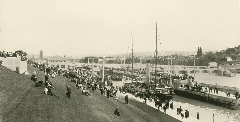 Seattle celebrated on the official opening day of the locks, July 4, 1917. “Seattle did both itself and the canal proud,” according to a Seattle Times report of the event. (Courtesy U.S. Army Corps of Engineers)