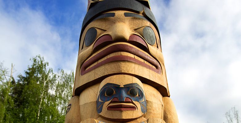Totem pole carver David Boxley carved this totem, which proudly stands at the entrance to Northwest Hospital in North Seattle. The pole is named “Eagle’s Spirit” and honors his late sister-in-law, Cindy James. (Mike Siegel / The Seattle Times)