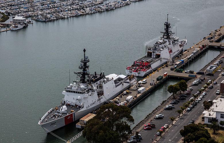 The U.S. Coast Guard cutters Stratton, left, and Munro, docked at Coast Guard Island in Alameda, Calif., June 7, 2017. Halting drugs is becoming increasingly difficult for the Coast Guard, which has operated with flat budgets even as its mission has expanded. President Donald Trumpâ€™s new budget would cut Coast Guard funding by 2.4 percent. (Andrew Burton/The New York Times)