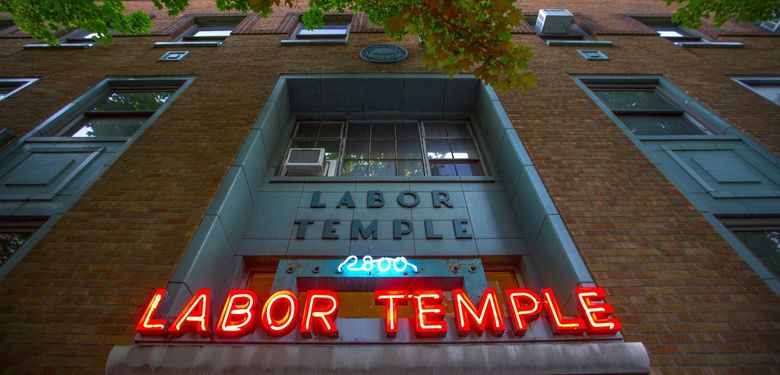The historic Seattle Labor Temple was built in Belltown in 1942, replacing an older structure near Sixth and University. The building’s owners — a consortium of city unions — will decide the building’s fate over the next year. (Mike Siegel/The Seattle Times)