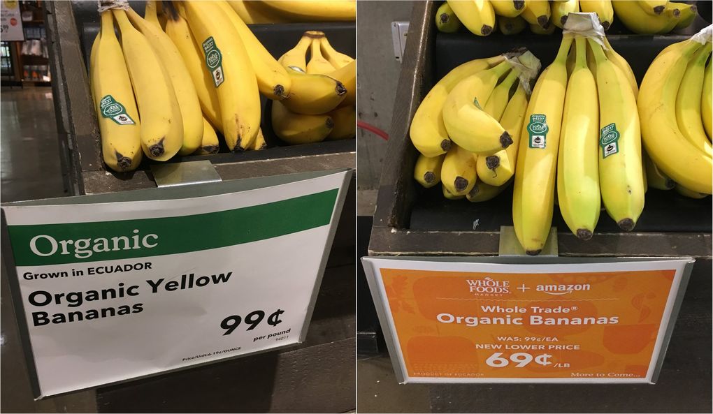 Organic yellow bananas in the South Lake Union Whole Foods on Aug. 25, left, and on Aug. 28, right, after the merger with Amazon. (Scott Greenstone / The Seattle Times)