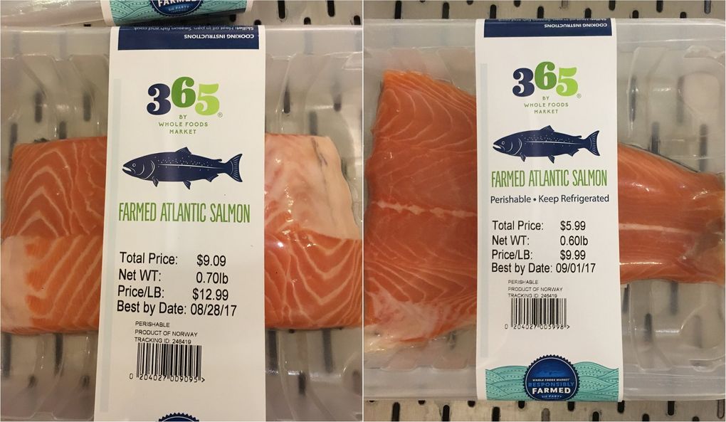 Farmed Atlantic salmon in the South Lake Union Whole Foods on Friday (left), and Monday (right). (Scott Greenstone / The Seattle Times)