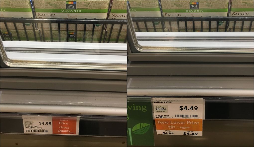 Organic salted butter in the South Lake Union Whole Foods on Friday (left), and Monday (right). (Scott Greenstone / The Seattle Times)