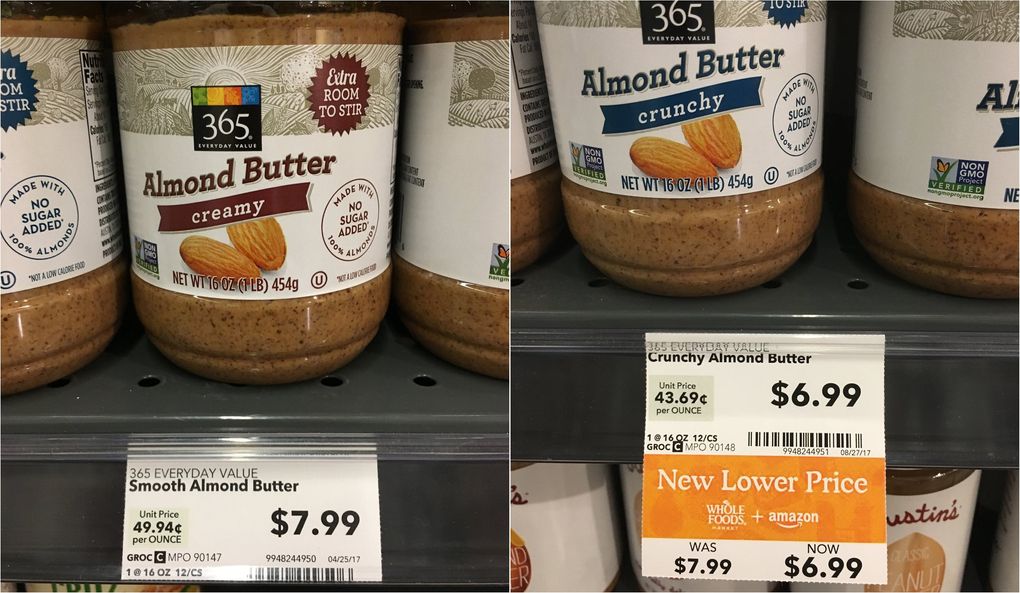 Almond butter on Friday (left), and Monday (right) in the South Lake Union Whole Foods. (Scott Greenstone / The Seattle Times)