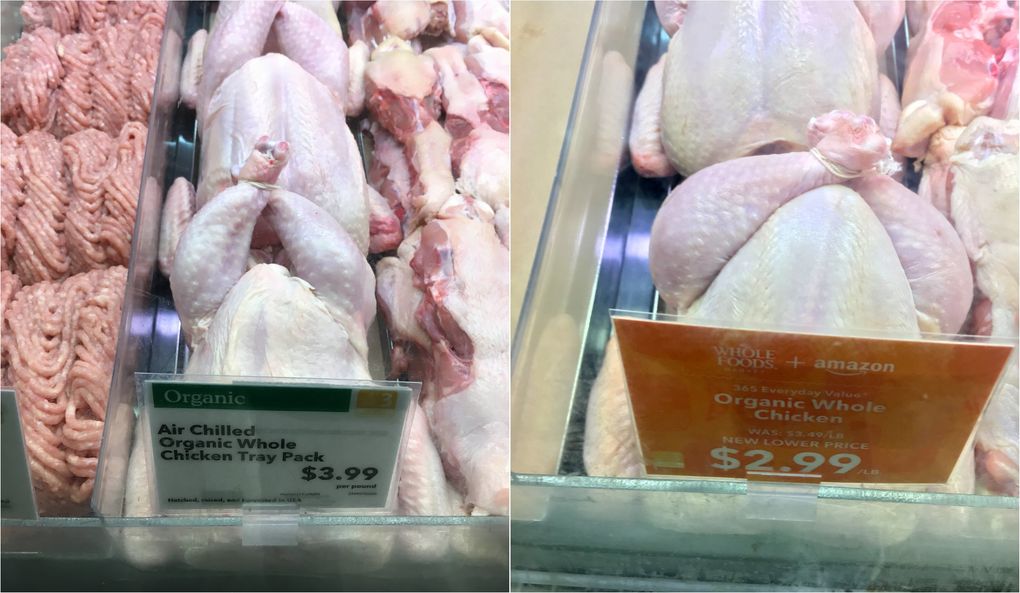 Whole chicken in the South Lake Union Whole Foods on Friday (left), and Monday (right). (Scott Greenstone / The Seattle Times)