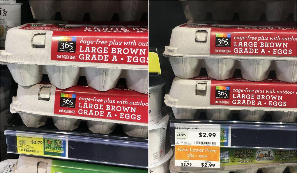 Large brown grade A eggs in the South Lake Union Whole Foods on Friday (left), and Monday (right). (Scott Greenstone / The Seattle Times)