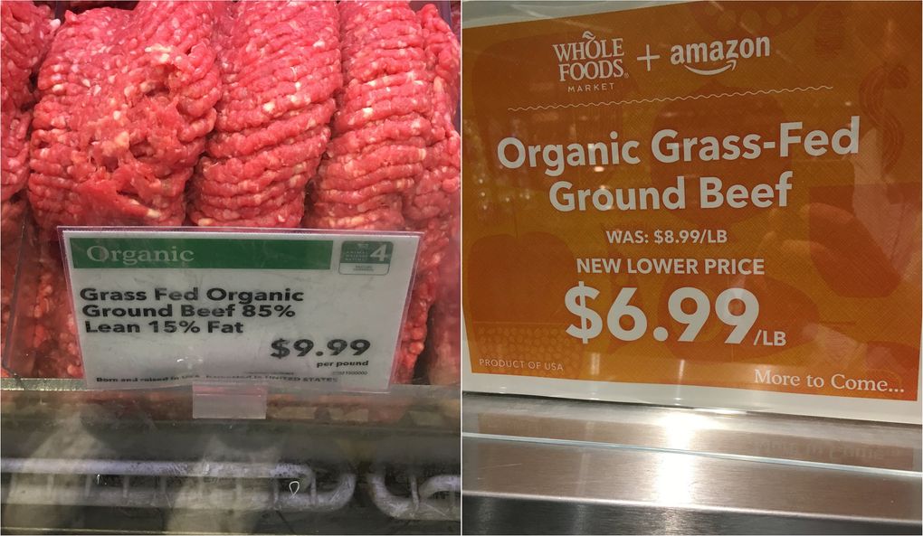 Grass-fed organic ground beef in the South Lake Union Whole Foods on Friday (left), and the label on Monday morning before the meat was put out for the day (right). (Scott Greenstone / The Seattle Times)
