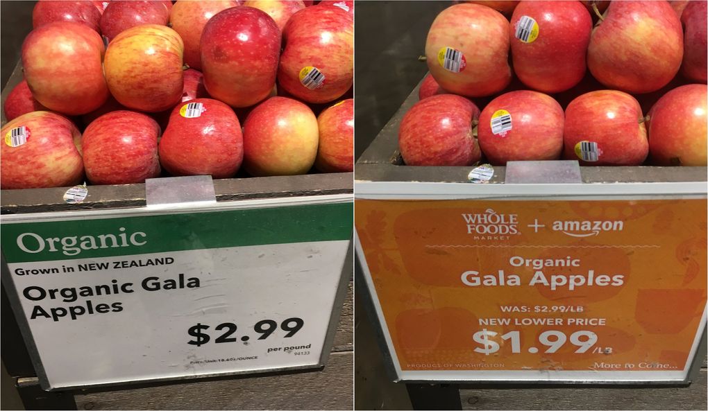 Gala apples in the South Lake Union Whole Foods on Friday (left), and Monday (right). (Scott Greenstone / The Seattle Times)