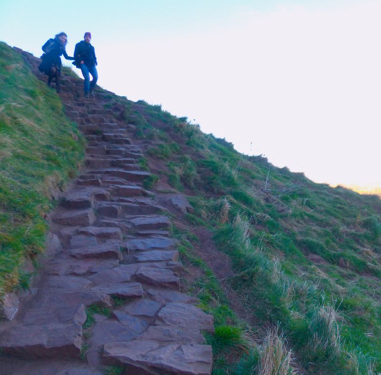 A no-nonsense stone path leads steeply toward the summit of Arthur’s Seat from the Radical Road trail on the edge of Edinburgh.