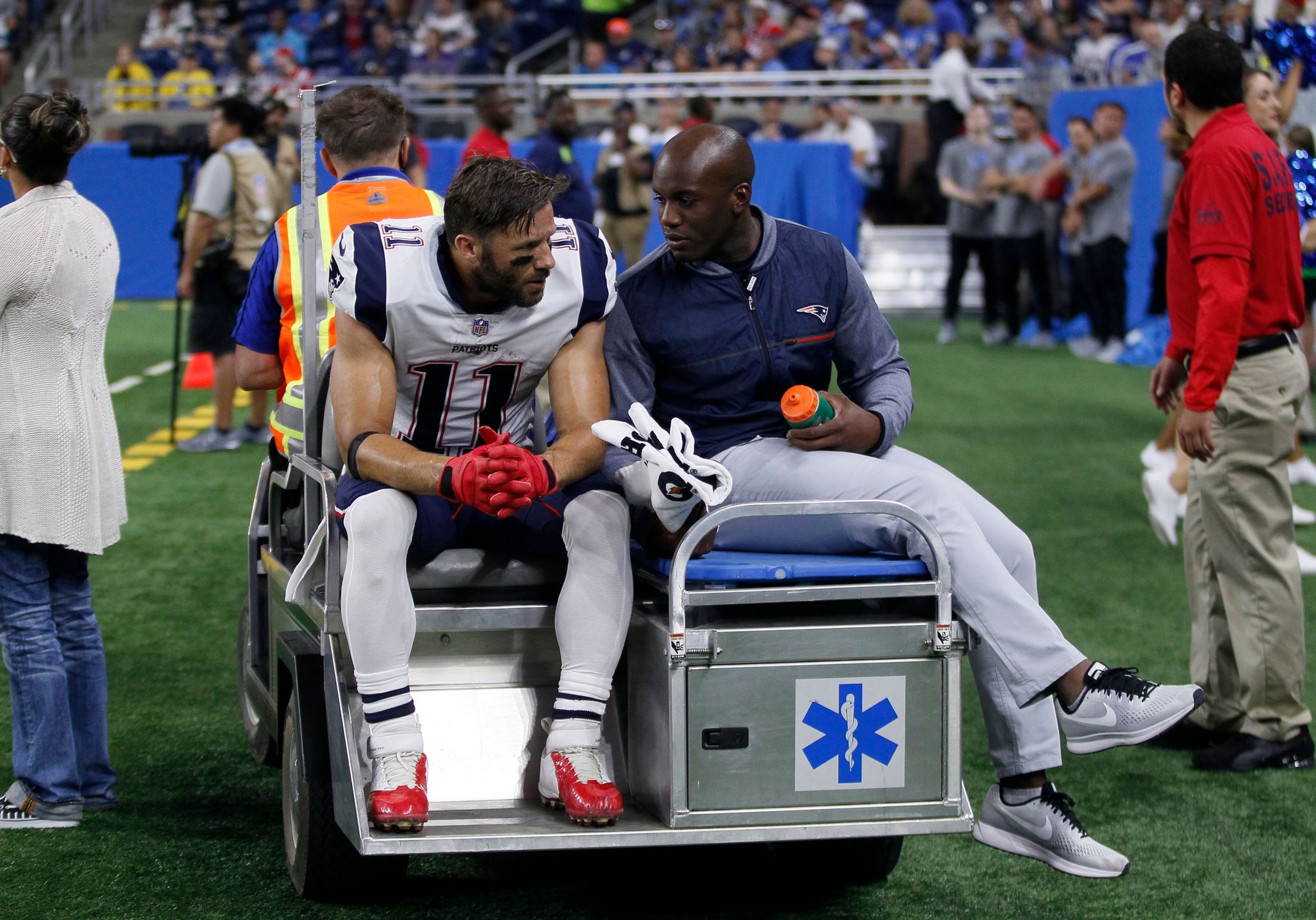 October 20, 2013: New England Patriots wide receiver Julian Edelman (11)  looks on with his helmet off during warm-ups prior to the NFL game between  the New England Patriots and the New