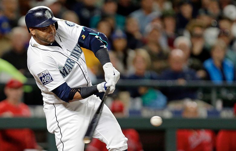 August 10, 2018: Seattle Mariners designated hitter Nelson Cruz (23) waits  to bat during a Major League Baseball game between the Houston Astros and  the Seattle Mariners on 1970s night at Minute