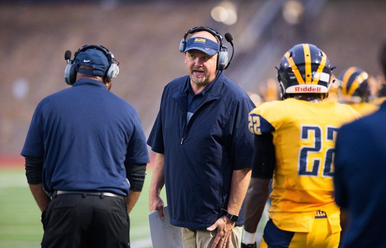 Bellevue High School football coach Mark Landes prepares for the Class 3A high school football game against Garfield Friday, Sept. 8, 2017, located at Bellevue High School, 10416 SE Wolverine Way in Bellevue, WA 98004. Special to The Seattle Times